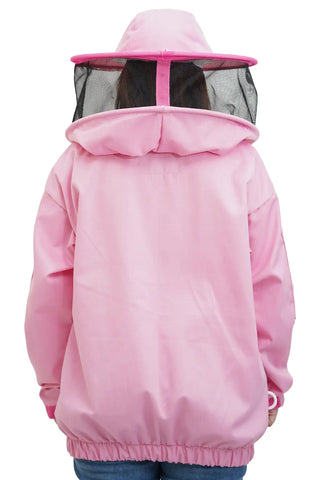 Pink poly cotton beekeeping jacket back view with the round hat veil