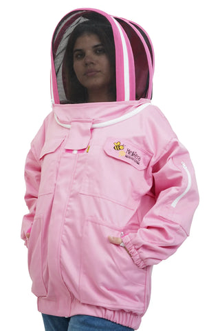 Pink poly cotton beekeeping jacket front view with the fencing veil