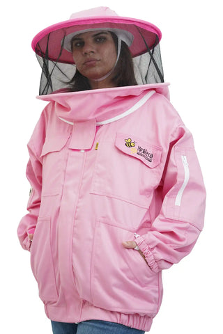 Pink poly cotton beekeeping jacket front view with the round hat veil