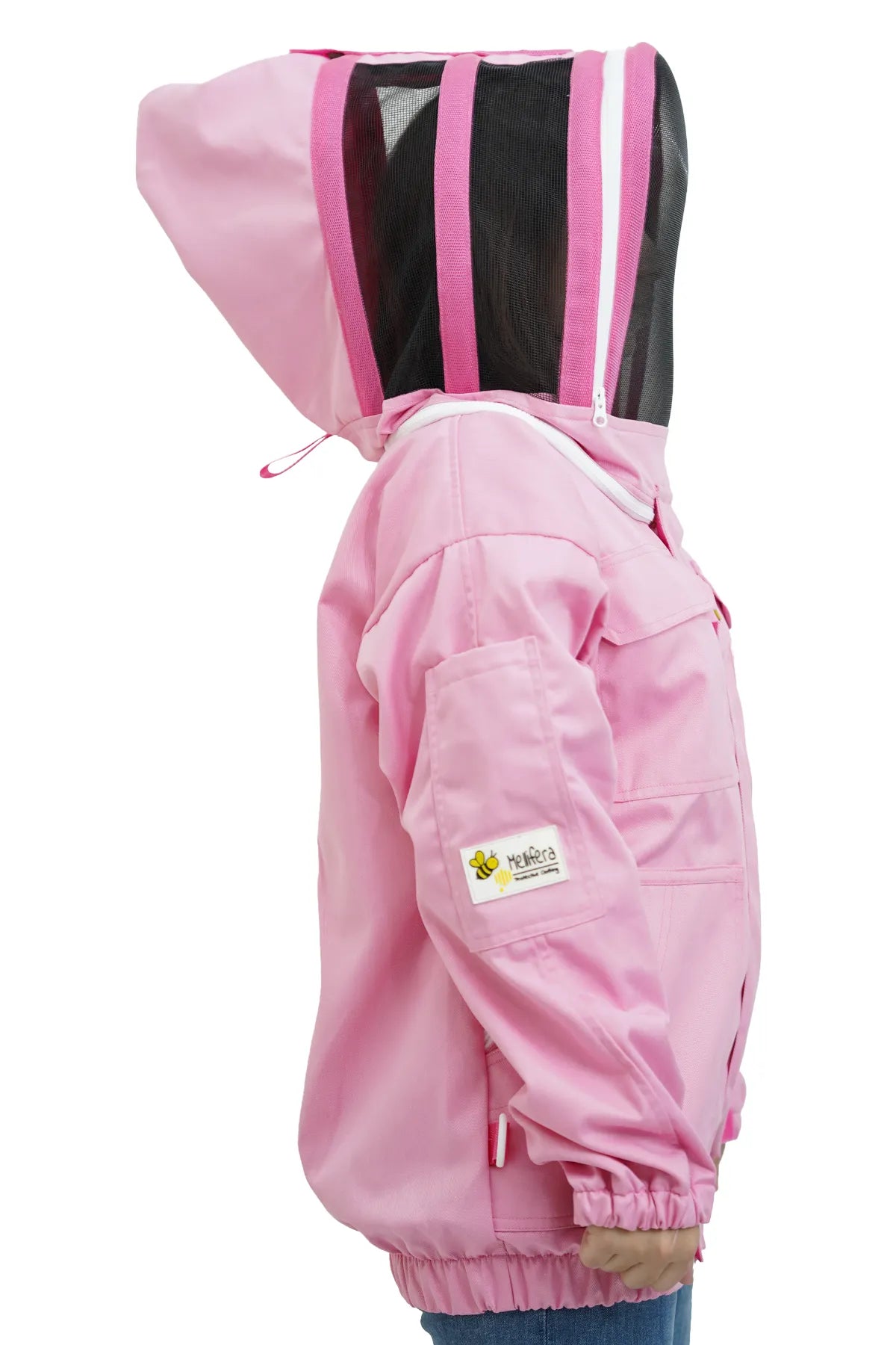 Pink poly cotton beekeeping jacket side view with the fencing veil
