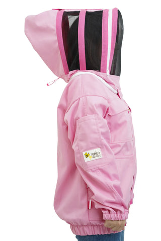 Pink poly cotton beekeeping jacket side view with the fencing veil