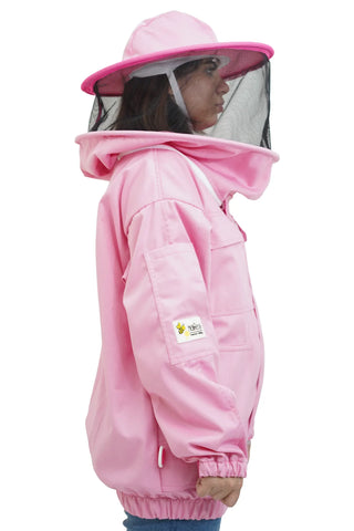 Pink poly cotton beekeeping jacket side view with the round hat veil