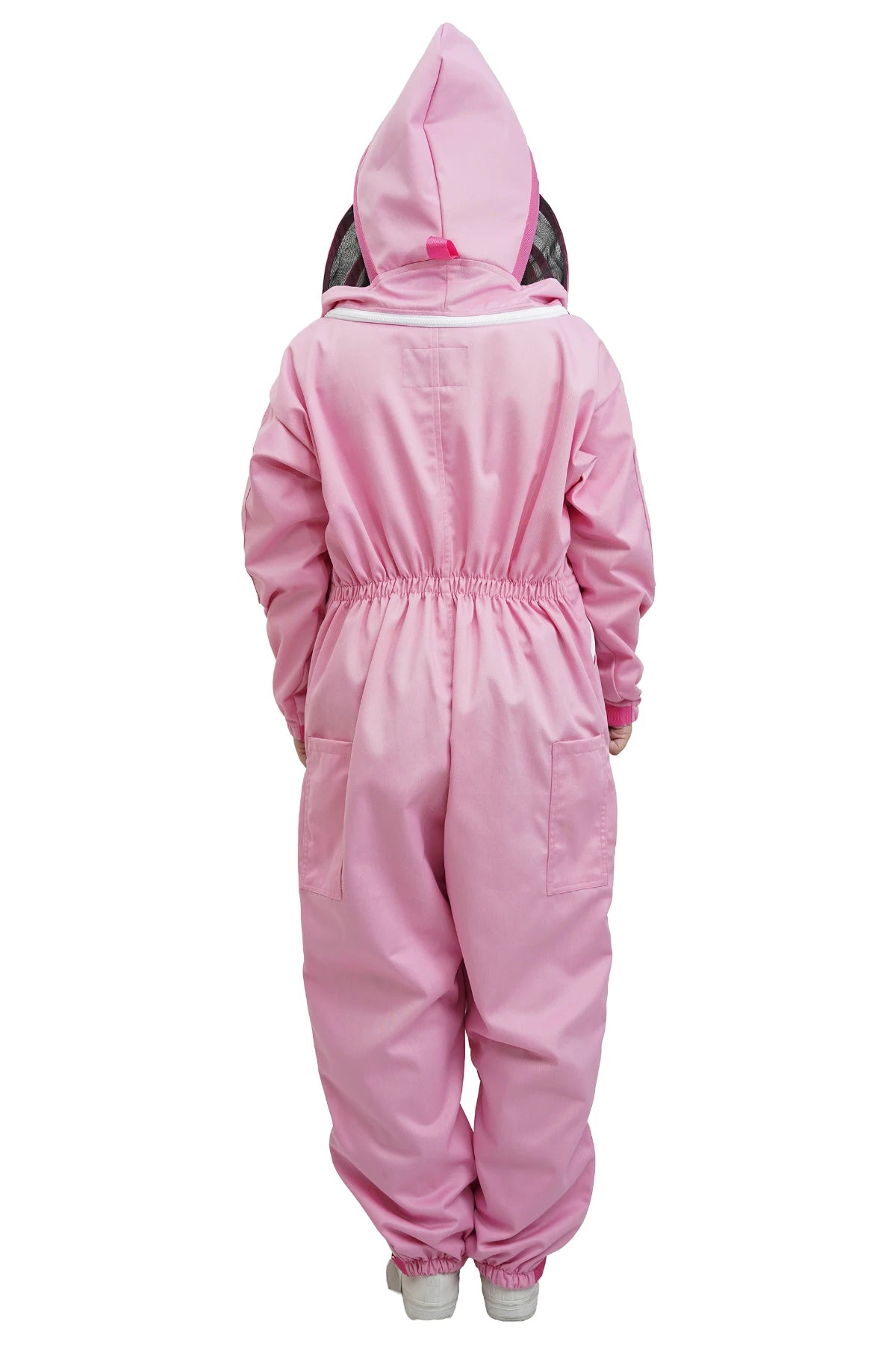 Pink poly cotton beekeeping suit back view with the veil hood folded up at the back