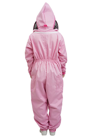 Pink poly cotton beekeeping suit back view with the veil hood folded up at the back