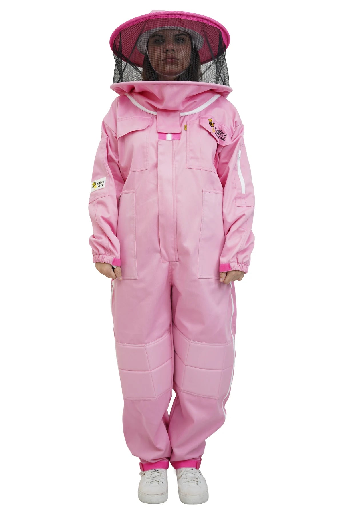 Pink poly cotton beekeeping suit front view with the round hat veil
