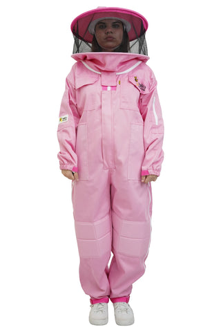 Pink poly cotton beekeeping suit front view with the round hat veil
