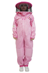 Pink poly cotton beekeeping suit front view with the round hat veil

