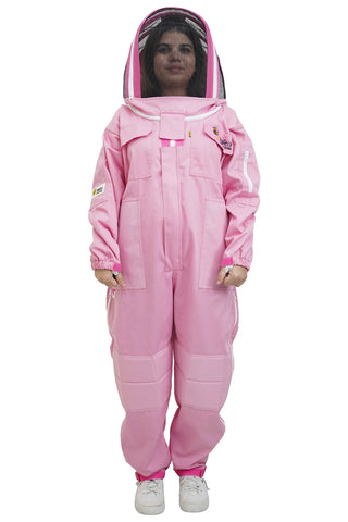Pink poly cotton beekeeping suit front view with the fencing veil