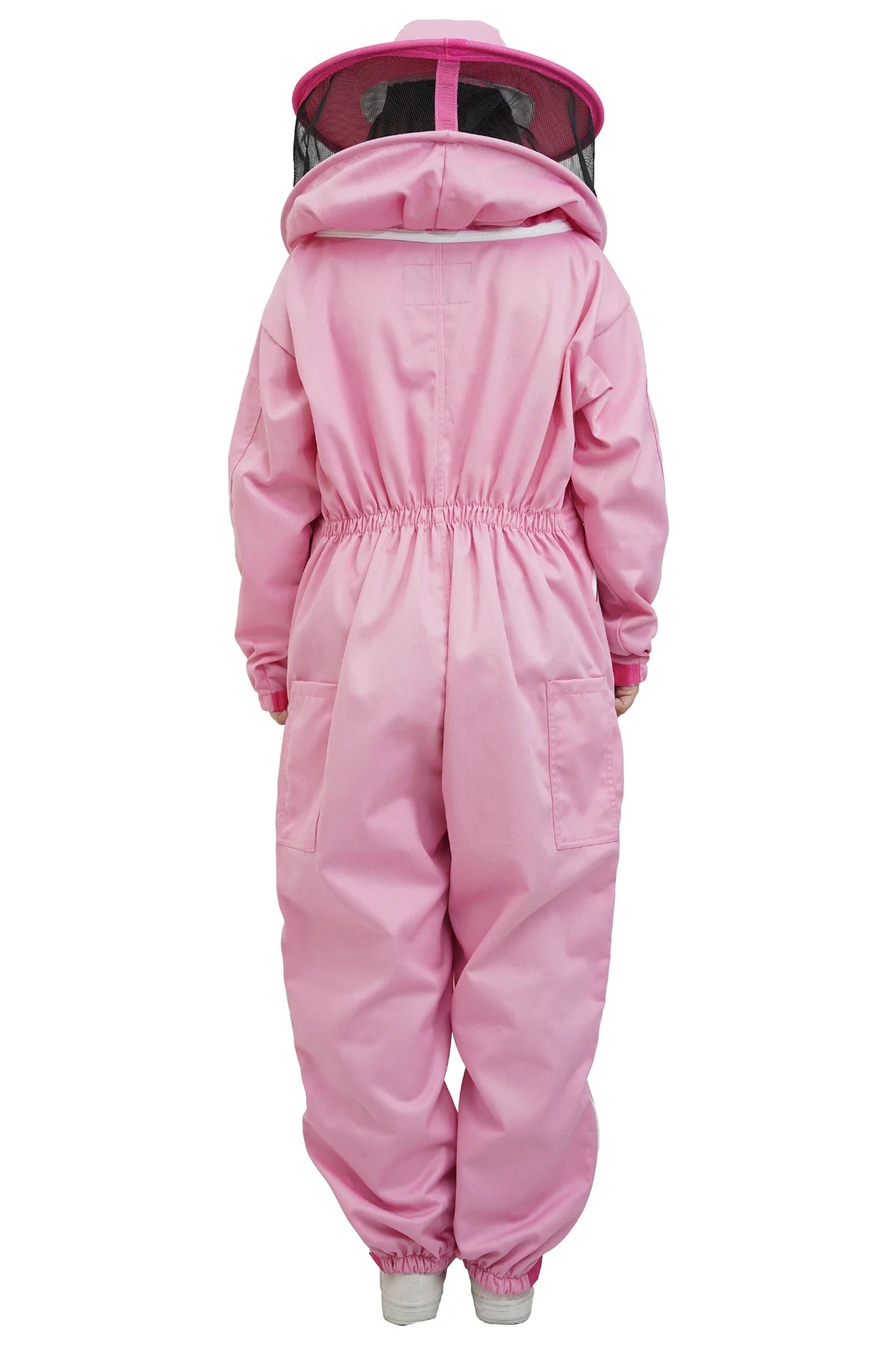 Pink poly cotton beekeeping suit back view with the round hat veil