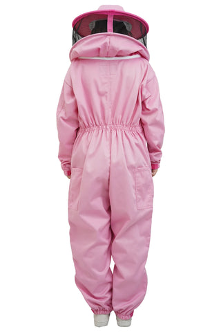 Pink poly cotton beekeeping suit back view with the round hat veil