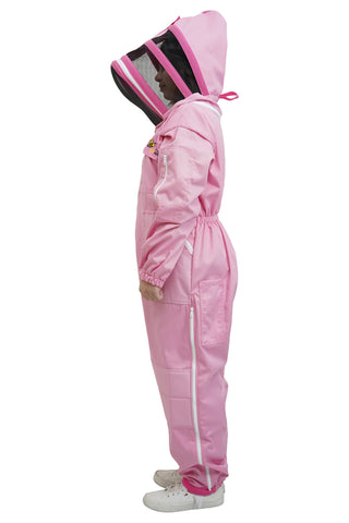 Pink poly cotton beekeeping suit side view with the fencing veil