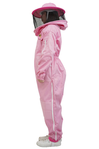 Pink poly cotton beekeeping suit side view with the round hat veil
