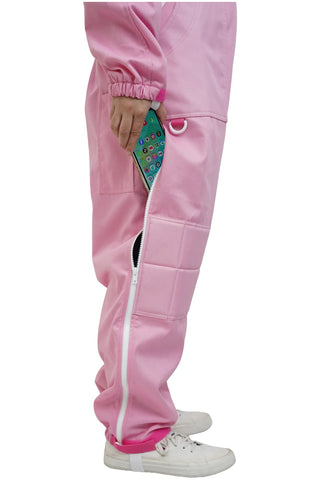 Close-up of the thigh zip pocket holding a smartphone on the pink poly cotton beekeeping suit