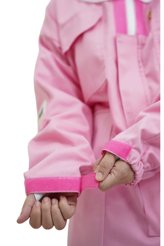 Close-up of the elasticated wrist cuff with thumb hole on the pink poly cotton beekeeping suit