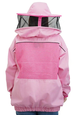 Pink poly cotton semi ventilated beekeeping jacket back view with the round hat veil