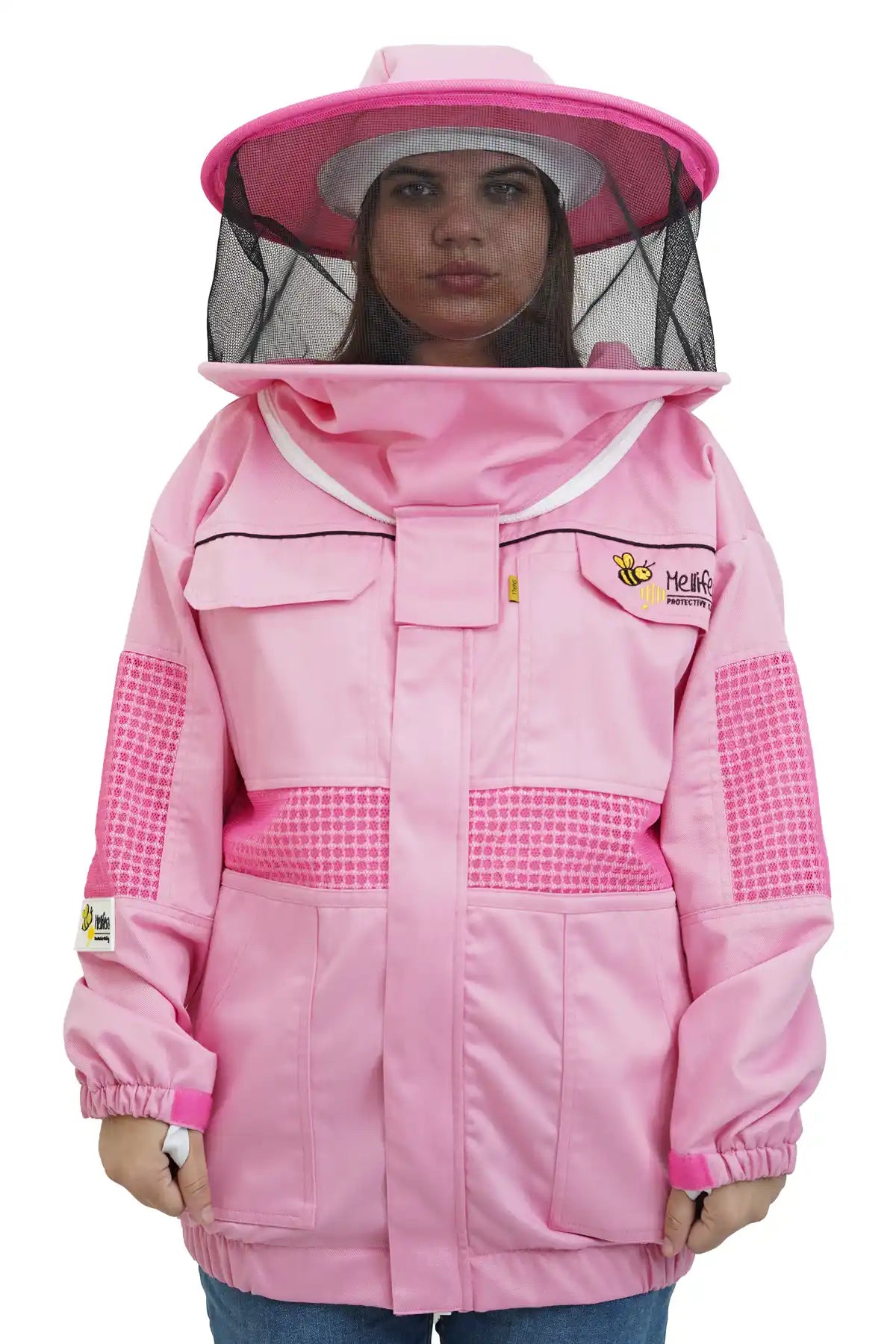 Pink poly cotton semi ventilated beekeeping jacket front view with the round hat veil