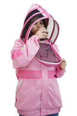Beekeeper drinking water through the round veil of the pink poly cotton semi ventilated beekeeping jacket