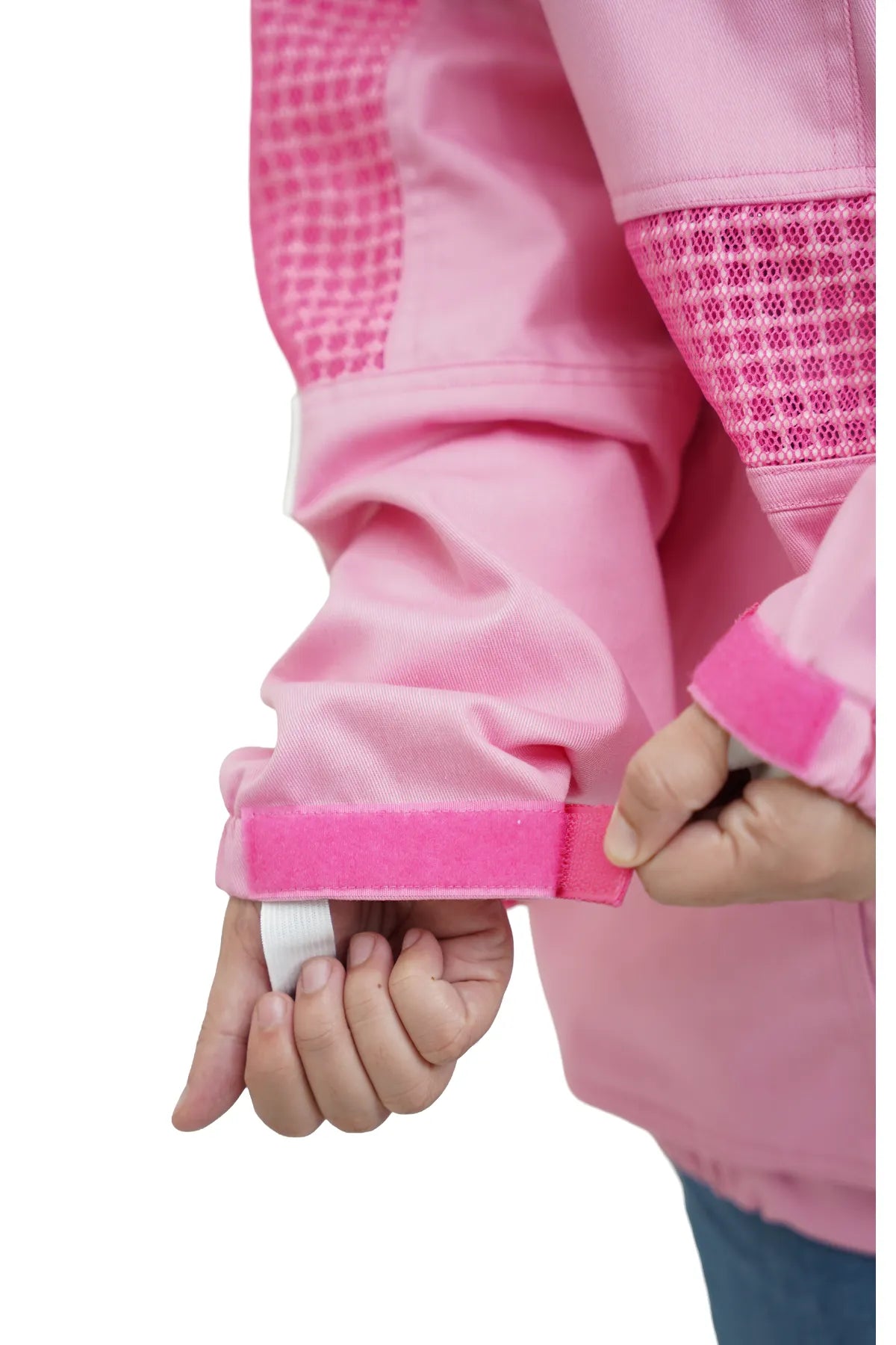 Close-up of the elasticated wrist cuff with thumb hole on the pink poly cotton semi ventilated beekeeping jacket