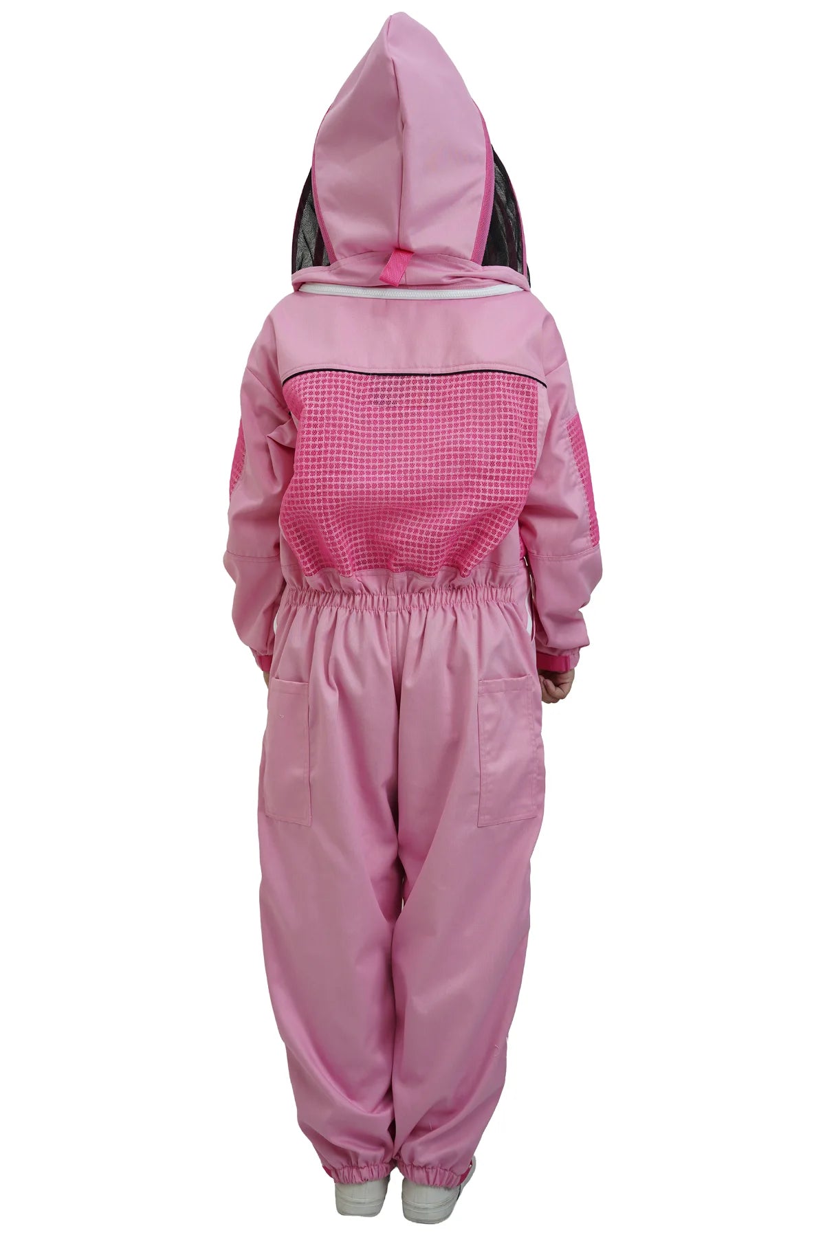 Pink poly cotton semi ventilated beekeeping suit back view with the veil hood folded up at the back