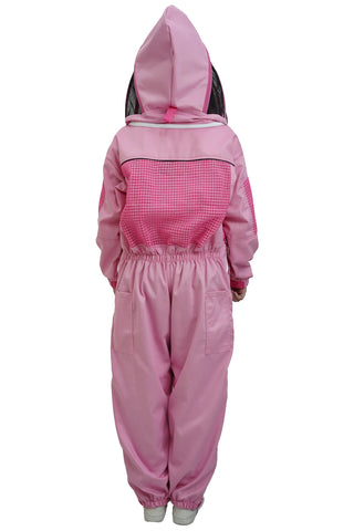 Pink poly cotton semi ventilated beekeeping suit back view with the veil hood folded up at the back