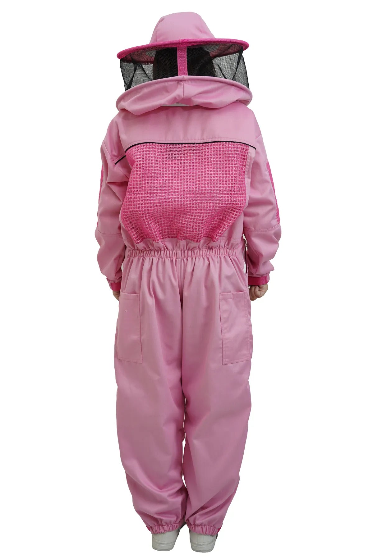 Pink poly cotton semi ventilated beekeeping suit back view with the round veil