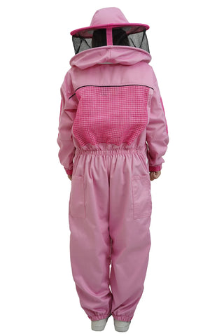 Pink poly cotton semi ventilated beekeeping suit back view with the round veil