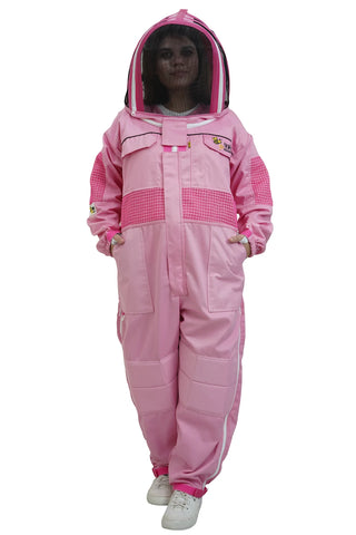 Pink poly cotton semi ventilated beekeeping suit front view with the fencing hat veil
