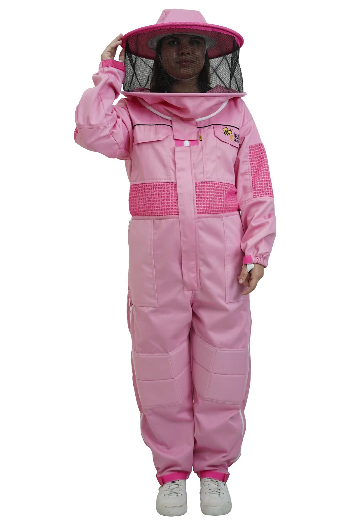Pink poly cotton semi ventilated beekeeping suit front view with the round hat veil
