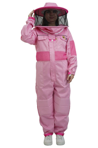 Pink poly cotton semi ventilated beekeeping suit front view with the round hat veil
