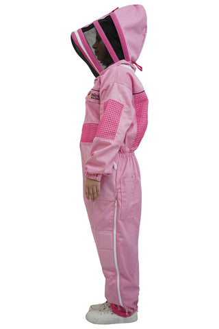 Pink poly cotton semi ventilated beekeeping suit side view with the fencing veil