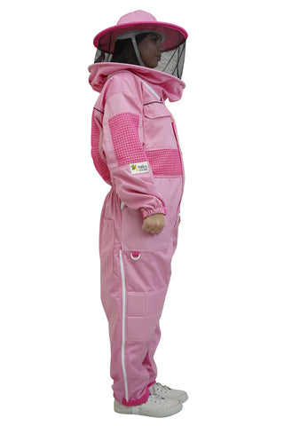 Pink poly cotton semi ventilated beekeeping suit side view with the round hat veil