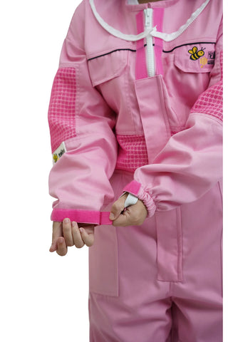 Close-up of the elasticated wrist cuff with thumb hole on the pink poly cotton semi ventilated beekeeping suit
