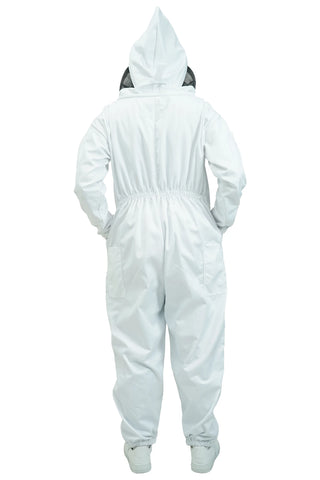 Poly cotton beekeeping suit back view with the veil hood folded up at the back