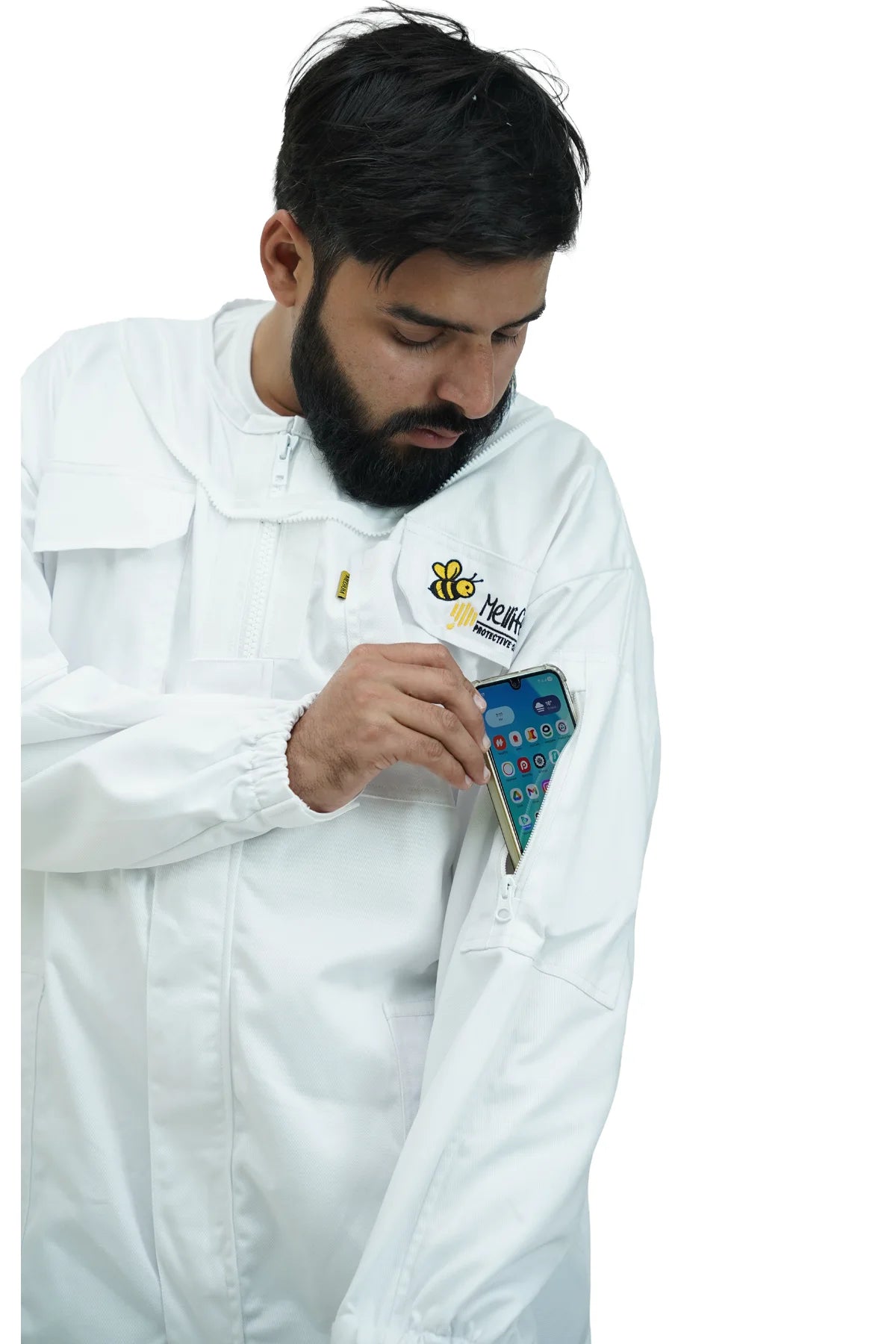 Close-up of the chest pocket holding a smartphone on the poly cotton beekeeping suit