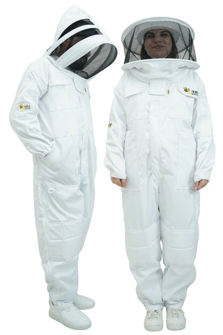 Poly cotton beekeeping suit shown on two models wearing the fencing veil and the round hat veil