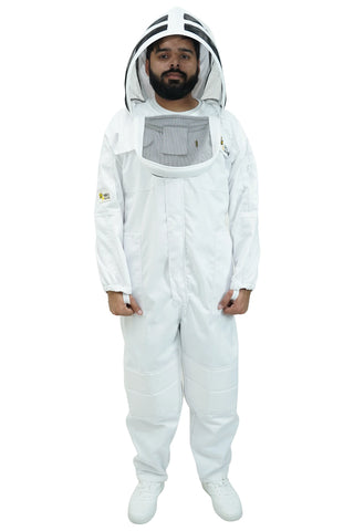 Poly cotton beekeeping suit front view with the fencing veil