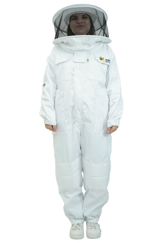 Poly cotton beekeeping suit front view with the round hat veil
