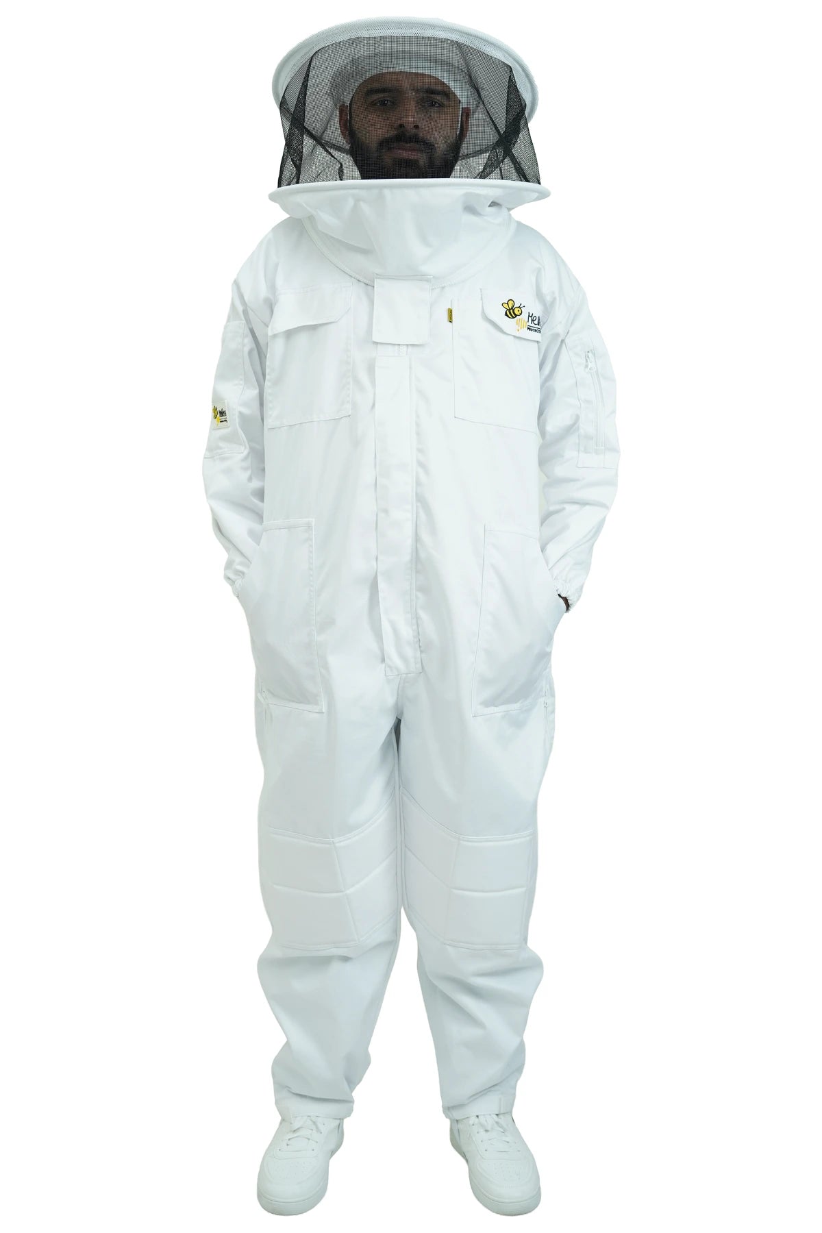 Poly cotton beekeeping suit front view with the round hat veil
