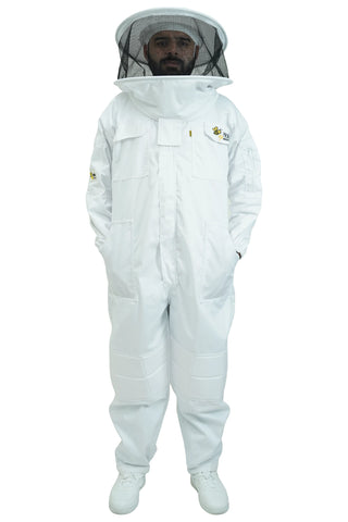 Poly cotton beekeeping suit front view with the round hat veil