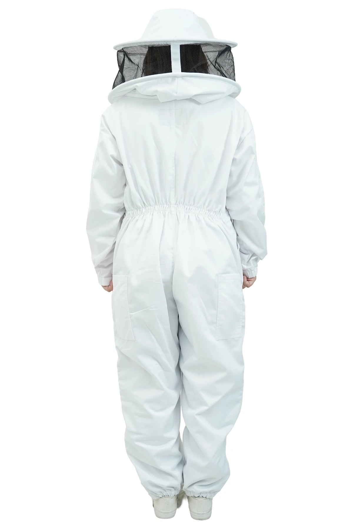 Poly cotton beekeeping suit back view with the round hat veil