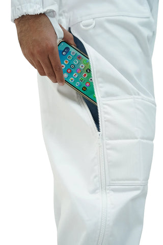 Close-up of the thigh zip pocket holding a smartphone on the poly cotton beekeeping suit