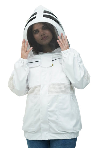 Beekeeper putting on the fencing veil of the poly cotton semi ventilated beekeeping jacket, front view