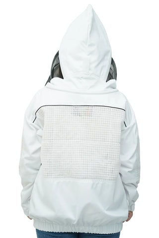 Poly cotton semi ventilated beekeeping jacket back view with the veil hood folded up at the back