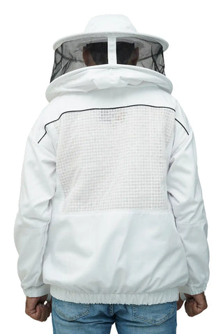 Poly cotton semi ventilated beekeeping jacket back view with the round hat veil
