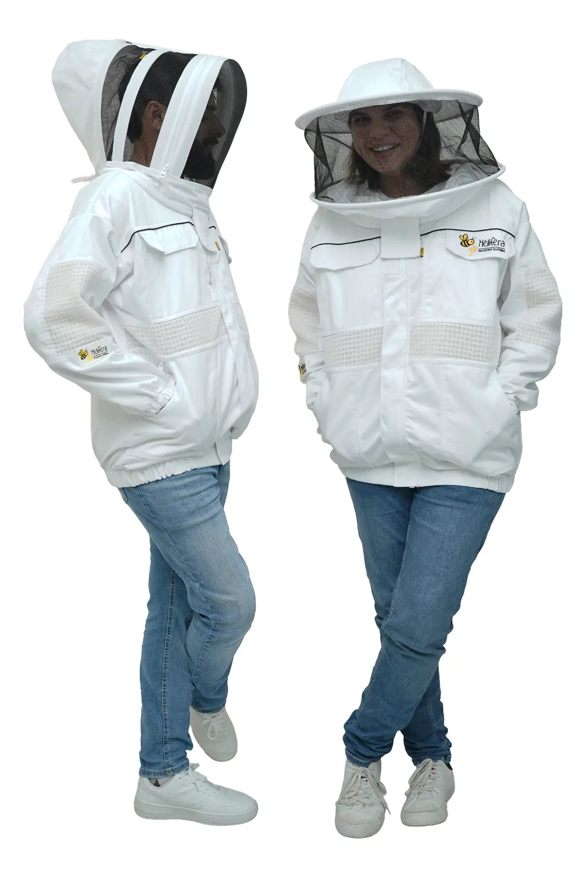 Poly cotton semi ventilated beekeeping jacket shown on two models wearing the fencing veil and the round hat veil