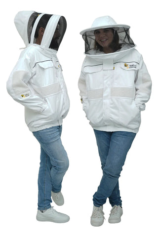 Poly cotton semi ventilated beekeeping jacket shown on two models wearing the fencing veil and the round hat veil