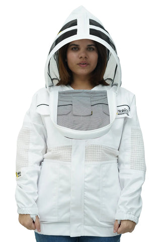 
Poly cotton semi ventilated beekeeping jacket front view with the fencing veil
