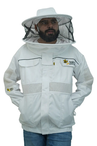 Poly cotton semi ventilated beekeeping jacket front view with the round hat veil