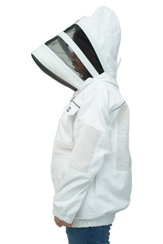 Poly cotton semi ventilated beekeeping jacket side view with the fencing veil