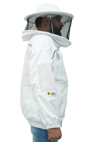 Poly cotton semi ventilated beekeeping jacket side view with the round hat veil